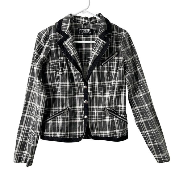 Tripp NYC Blazer Jacket Women Small Goth Grunge Plaid Black White Button Snap - Picture 1 of 10